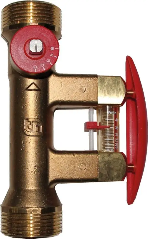 Hydraulisches Abgleichventil von Wolf mit rotem Einstellrad, transparentem Durchflussmesser und Messskala für die Regulierung von Wasserströmen in Heizungsanlagen.